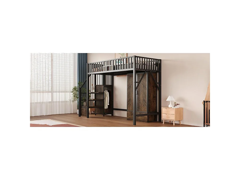 Lit mezzanine métal 90×200 cm avec garde-corps bois-métal, grand placard, tiroirs et échelle de rangement noir