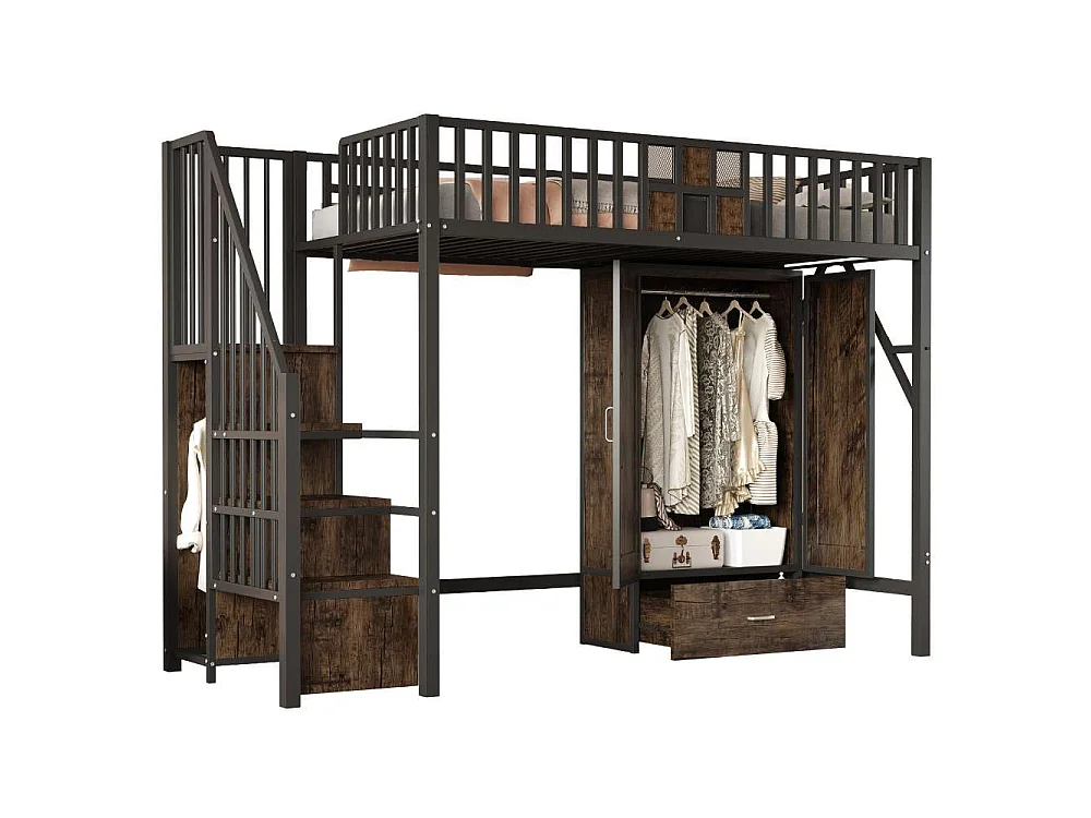 Lit mezzanine métal 90×200 cm avec garde-corps bois-métal, grand placard, tiroirs et échelle de rangement noir