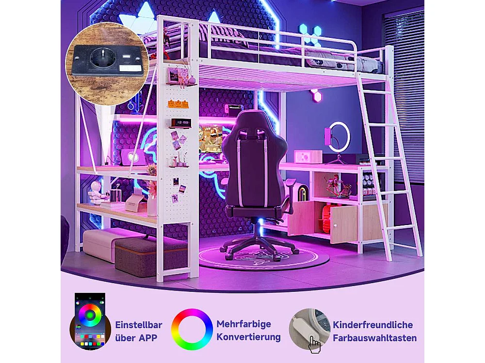 Lit mezzanine 140 x 200 cm avec structure en métal, LED intégrée, bureau, rangement, étagères multiples, panneau perforé et ports USB, sans matelas