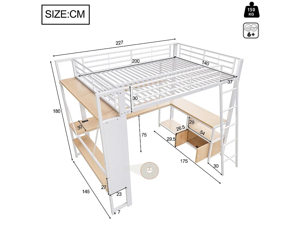 Lit mezzanine 140 x 200 cm avec structure en métal, LED intégrée, bureau, rangement, étagères multiples, panneau perforé et ports USB, sans matelas