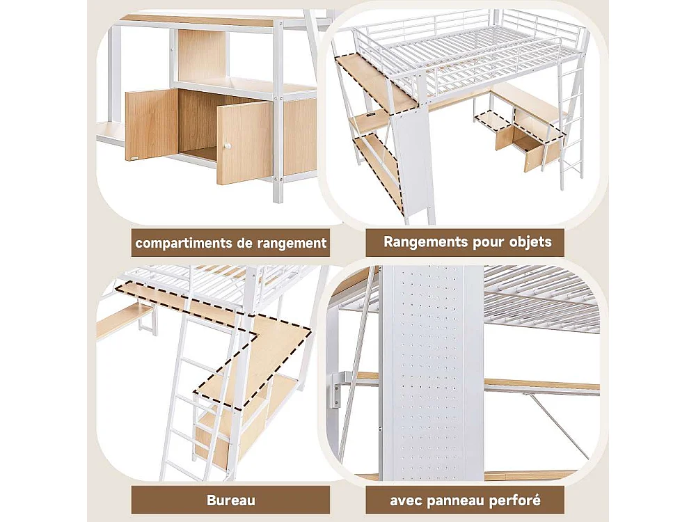 Lit mezzanine 140 x 200 cm avec structure en métal, LED intégrée, bureau, rangement, étagères multiples, panneau perforé et ports USB, sans matelas