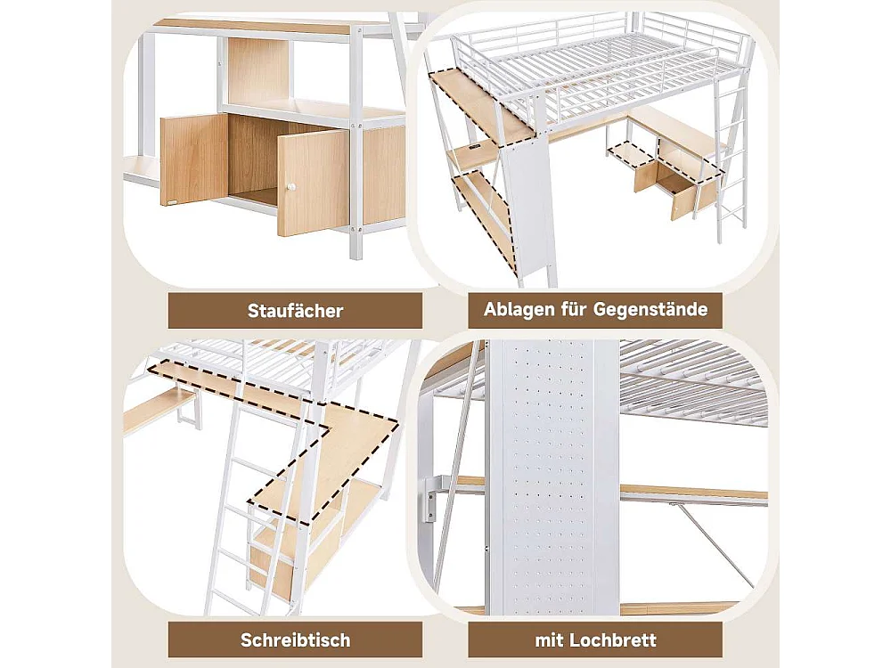 Lit mezzanine 140 x 200 cm avec structure en métal, LED intégrée, bureau, rangement, étagères multiples, panneau perforé et ports USB, sans matelas