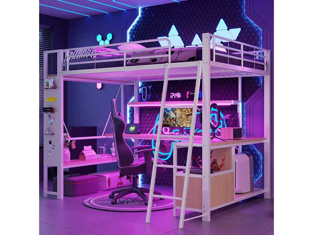 Lit mezzanine 140 x 200 cm avec structure en métal, LED intégrée, bureau, rangement, étagères multiples, panneau perforé et ports USB, sans matelas
