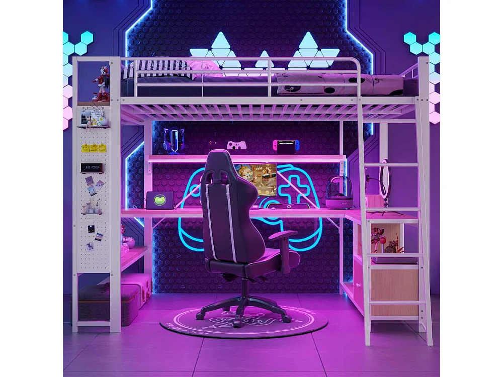 Lit mezzanine 140 x 200 cm avec structure en métal, LED intégrée, bureau, rangement, étagères multiples, panneau perforé et ports USB, sans matelas