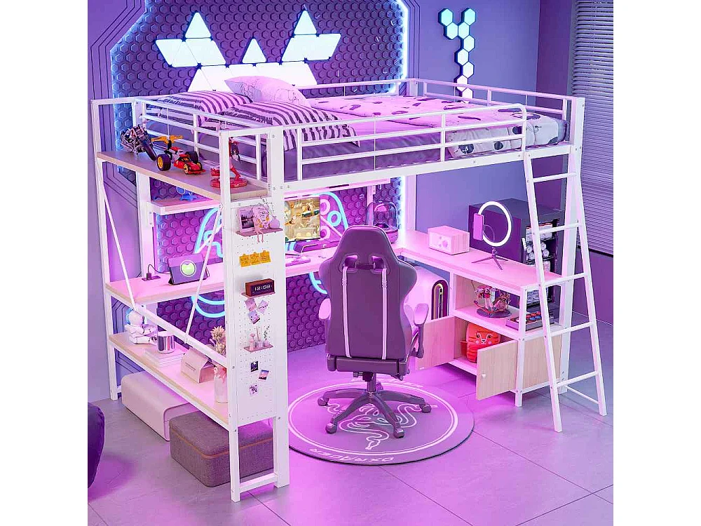 Lit mezzanine 140 x 200 cm avec structure en métal, LED intégrée, bureau, rangement, étagères multiples, panneau perforé et ports USB, sans matelas