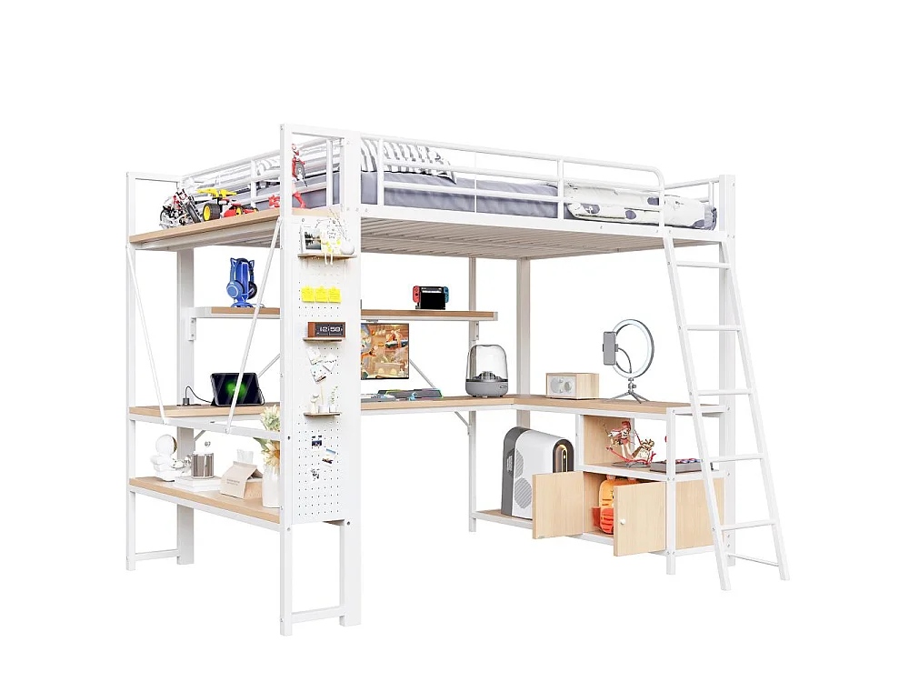 Lit mezzanine 140 x 200 cm avec structure en métal, LED intégrée, bureau, rangement, étagères multiples, panneau perforé et ports USB, sans matelas