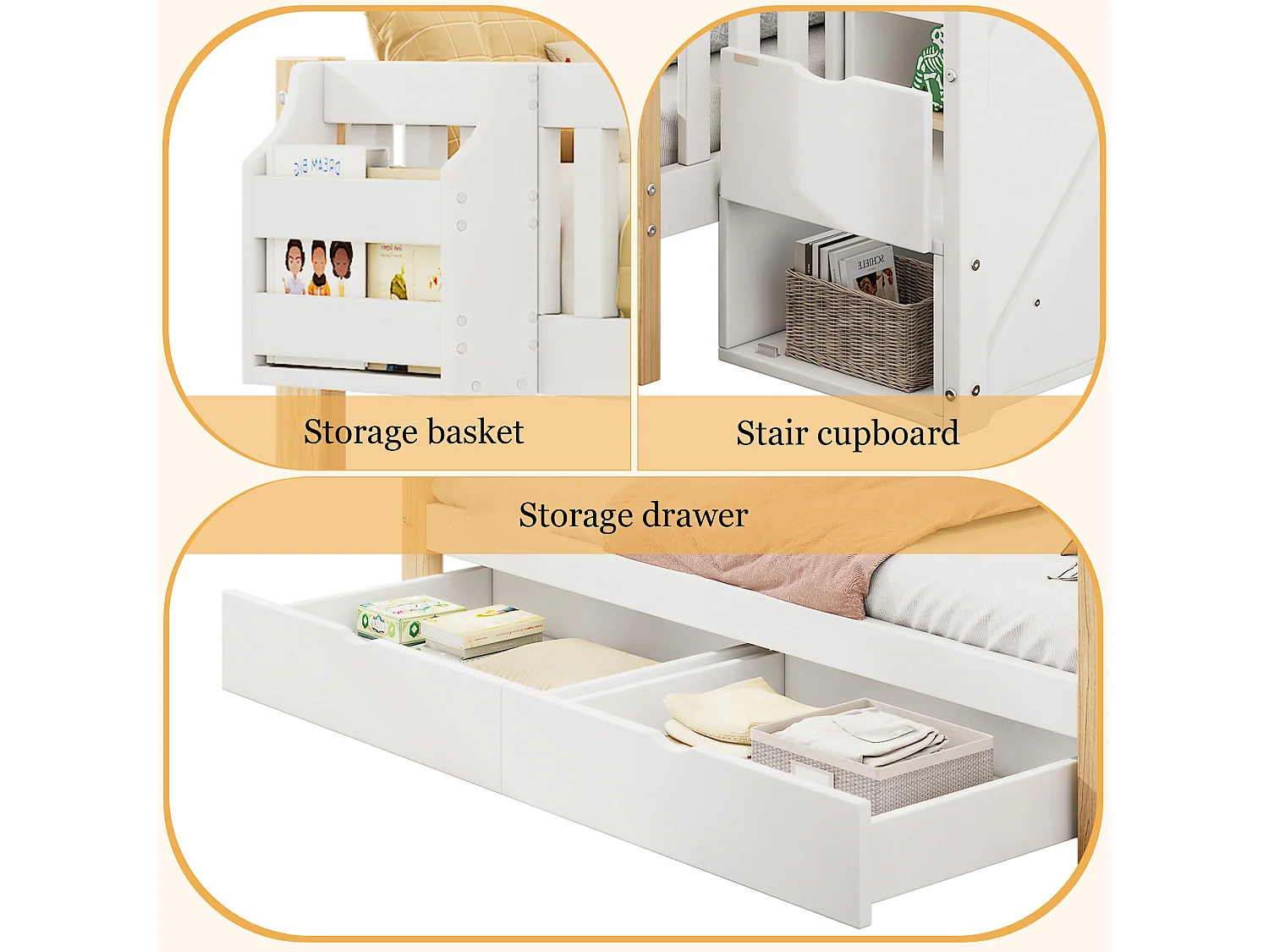 Letto a castello multifunzionale per bambini 140x200 cm con ripostiglio, cassetti e scala armadio, bianco e naturale, senza materasso