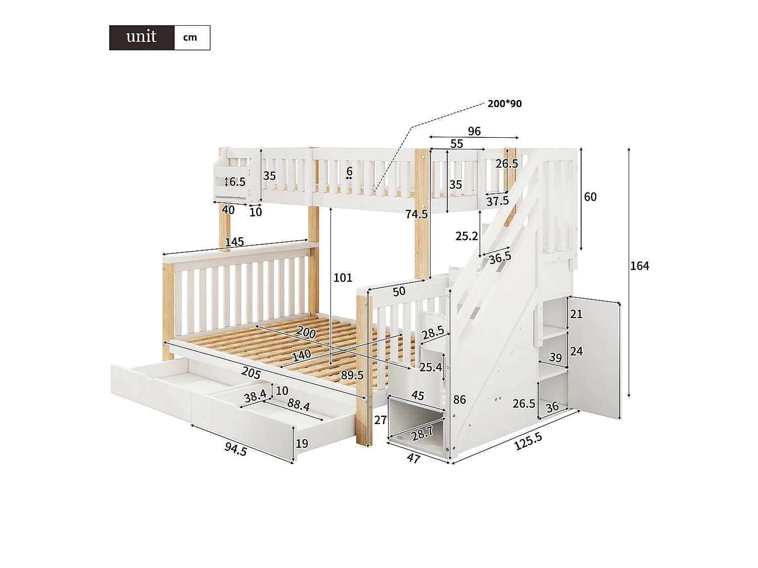 Letto a castello multifunzionale per bambini 140x200 cm con ripostiglio, cassetti e scala armadio, bianco e naturale, senza materasso