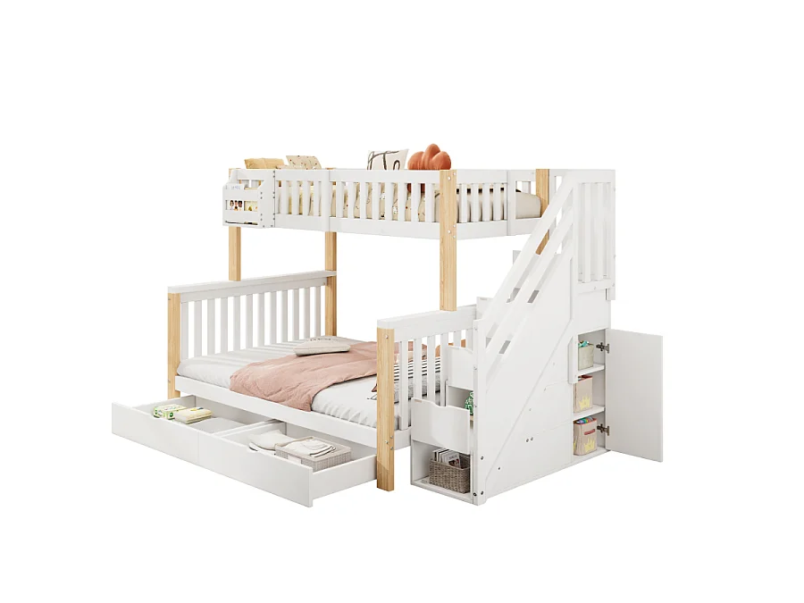 Letto a castello multifunzionale per bambini 140x200 cm con ripostiglio, cassetti e scala armadio, bianco e naturale, senza materasso