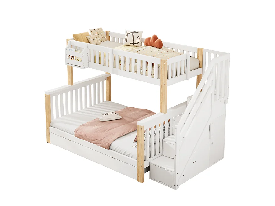Letto a castello multifunzionale per bambini 140x200 cm con ripostiglio, cassetti e scala armadio, bianco e naturale, senza materasso