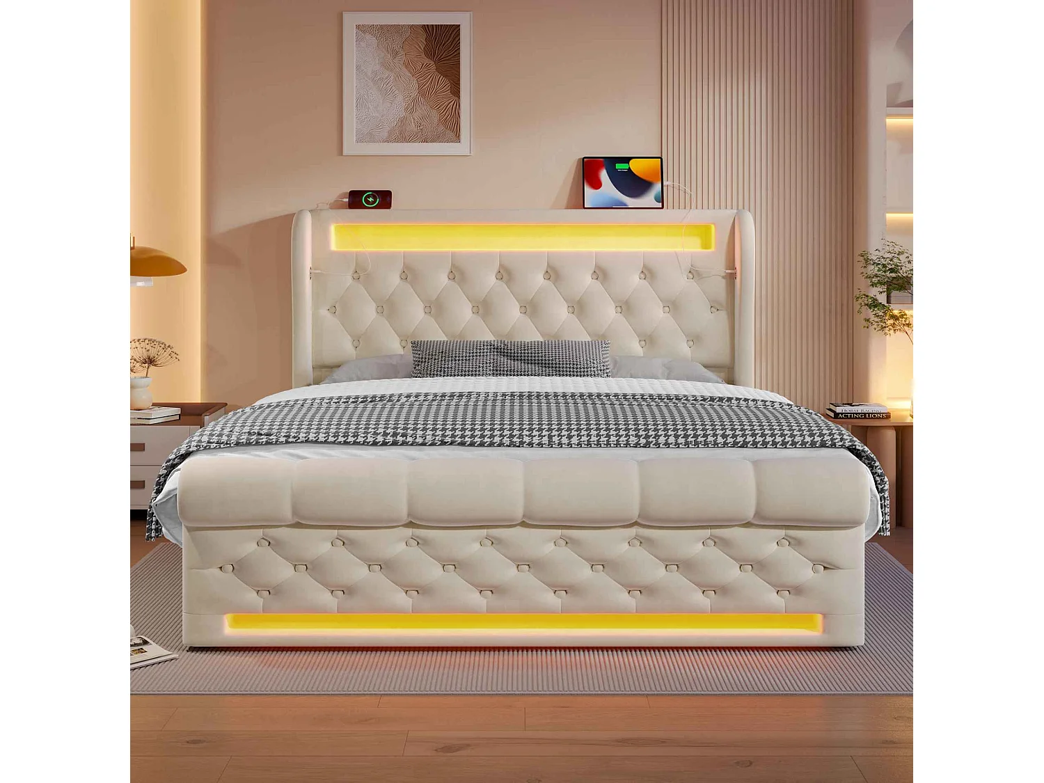 Modern bed met gevoerd hoofdeinde, 160x200cm, LED, USB en Type-C, hydraulische opbergruimte, fluwelen stof (zonder matras)