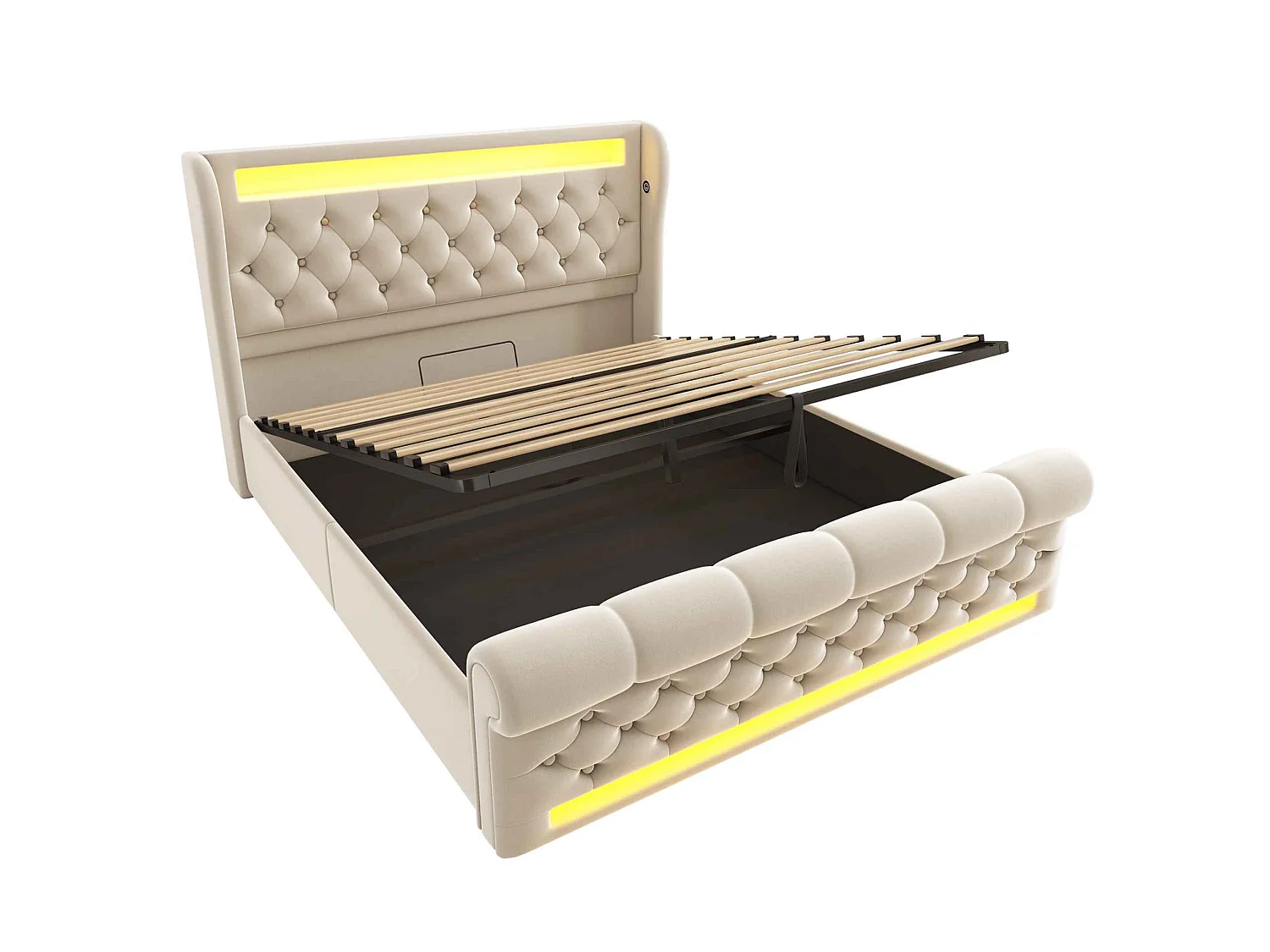 Modern bed met gevoerd hoofdeinde, 160x200cm, LED, USB en Type-C, hydraulische opbergruimte, fluwelen stof (zonder matras)