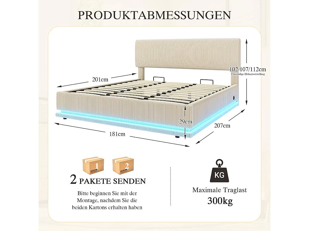 180*200 cm Lit Polster Moderne avec LED, USB-C, Cord-Satin, Rangement Spacieux et Tête Réglable