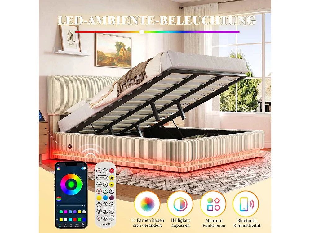 180*200 cm Lit Polster Moderne avec LED, USB-C, Cord-Satin, Rangement Spacieux et Tête Réglable