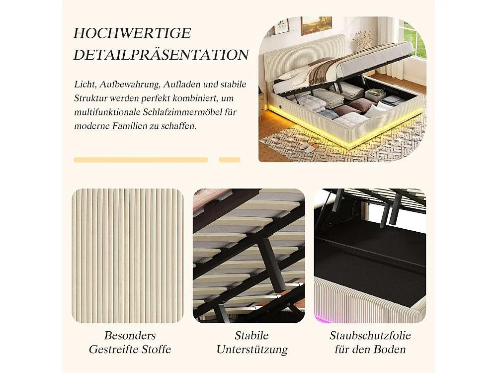 180*200 cm Lit Polster Moderne avec LED, USB-C, Cord-Satin, Rangement Spacieux et Tête Réglable