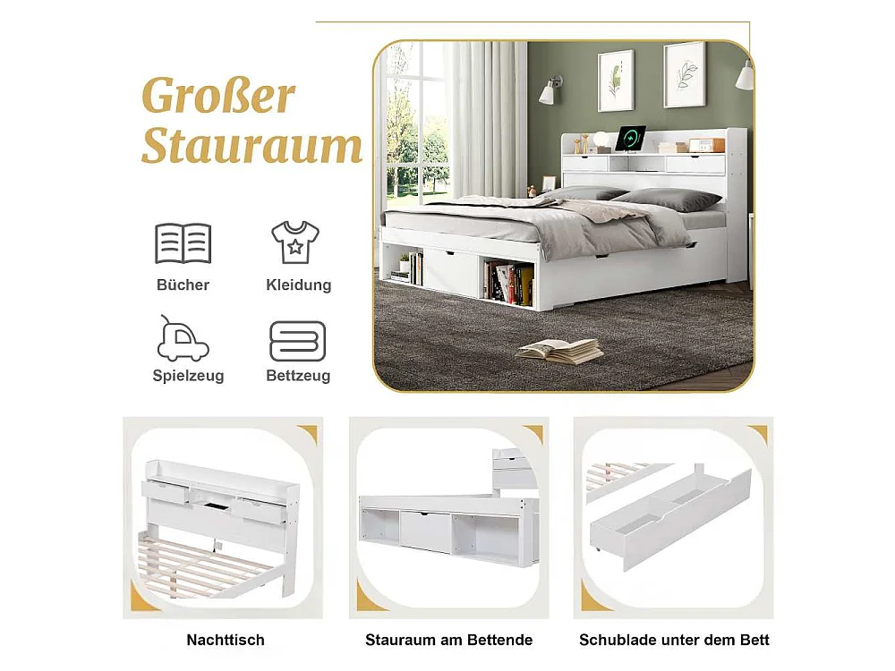 Lit double 140x200cm multifonction avec ports USB, tiroirs et armoire, lit enfant et adolescent, grand espace de rangement, blanc, sans matelas