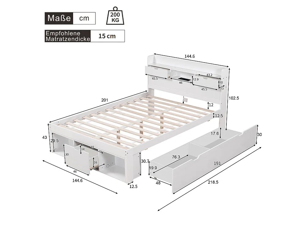 Lit double 140x200cm multifonction avec ports USB, tiroirs et armoire, lit enfant et adolescent, grand espace de rangement, blanc, sans matelas