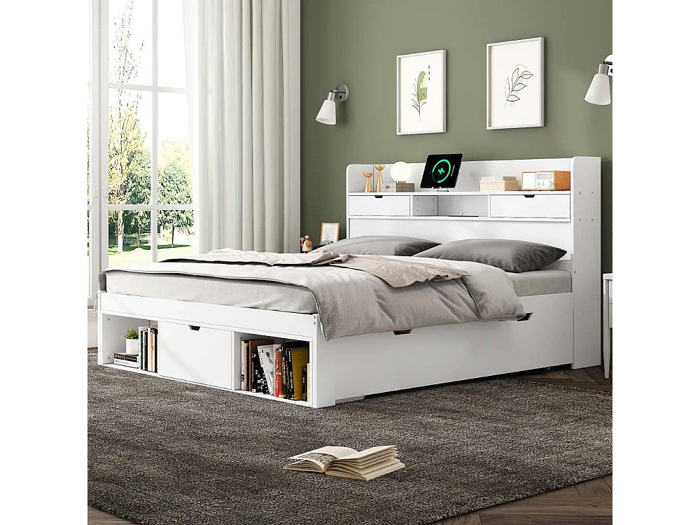 Tweepersoonsbed 160x200 cm multifunctioneel met USB, laden en opbergkast, voor kinderen en adolescenten, grote opbergruimte, zonder matras, wit.
