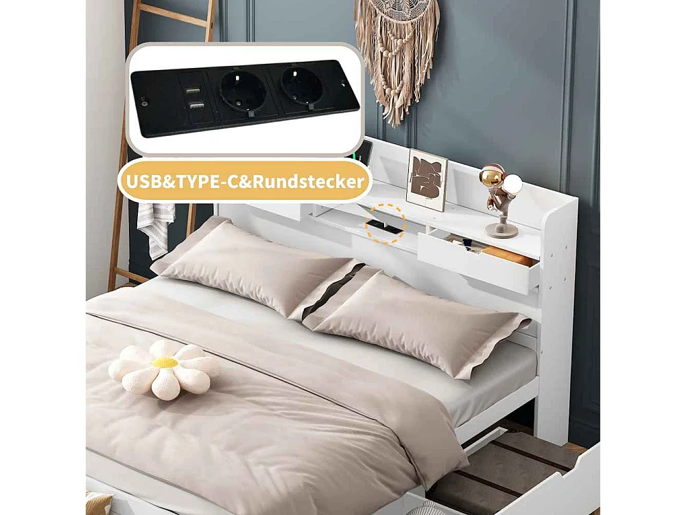 Tweepersoonsbed 160x200 cm multifunctioneel met USB, laden en opbergkast, voor kinderen en adolescenten, grote opbergruimte, zonder matras, wit.