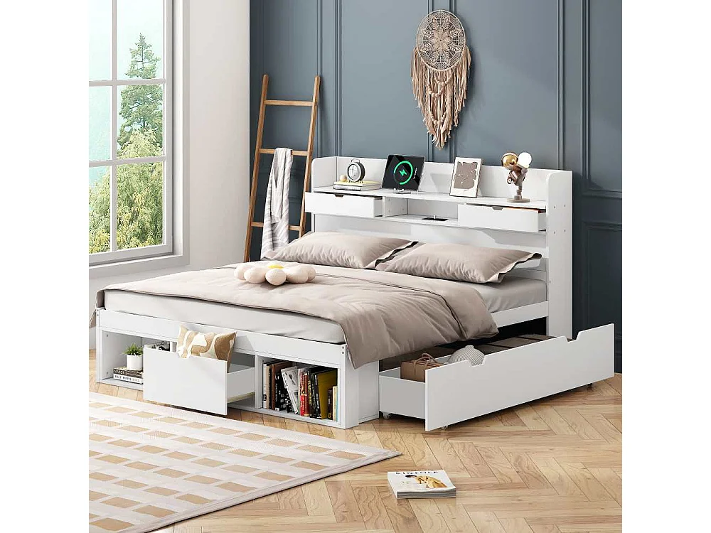 Tweepersoonsbed 160x200 cm multifunctioneel met USB, laden en opbergkast, voor kinderen en adolescenten, grote opbergruimte, zonder matras, wit.