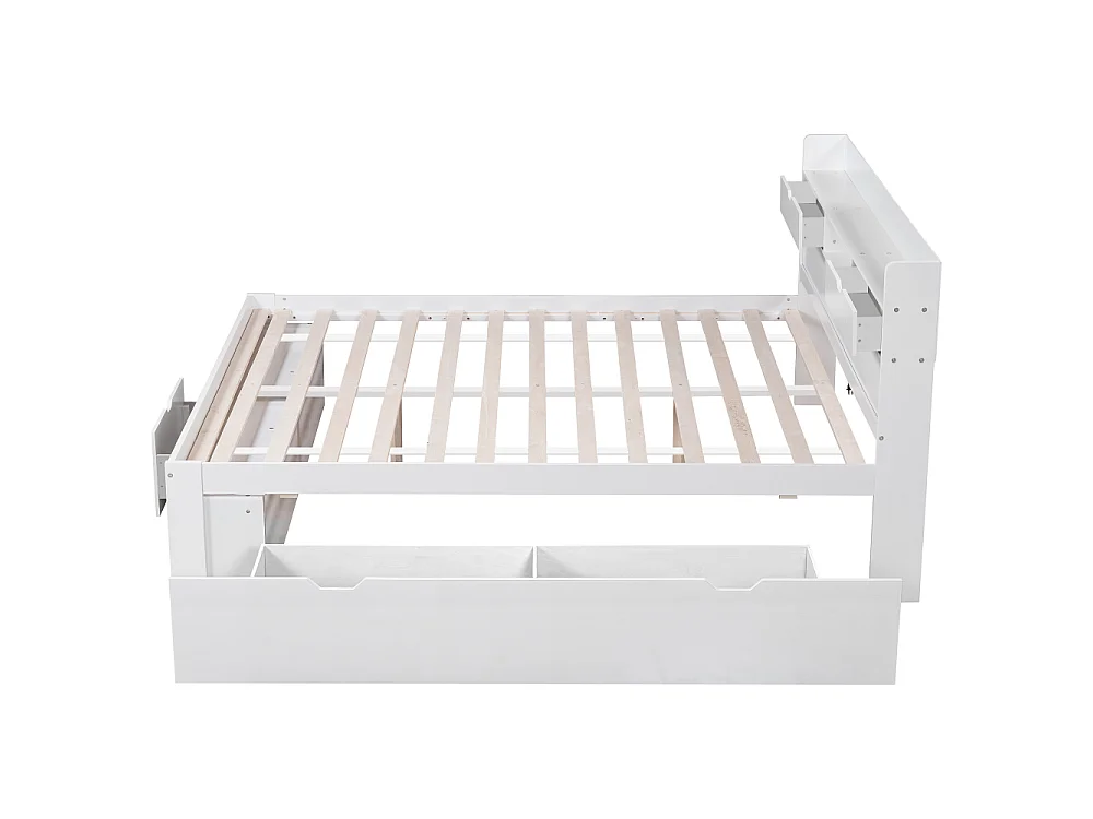 Tweepersoonsbed 160x200 cm multifunctioneel met USB, laden en opbergkast, voor kinderen en adolescenten, grote opbergruimte, zonder matras, wit.