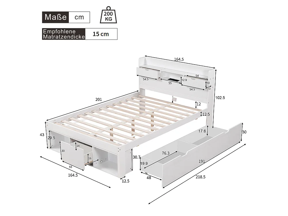 Tweepersoonsbed 160x200 cm multifunctioneel met USB, laden en opbergkast, voor kinderen en adolescenten, grote opbergruimte, zonder matras, wit.