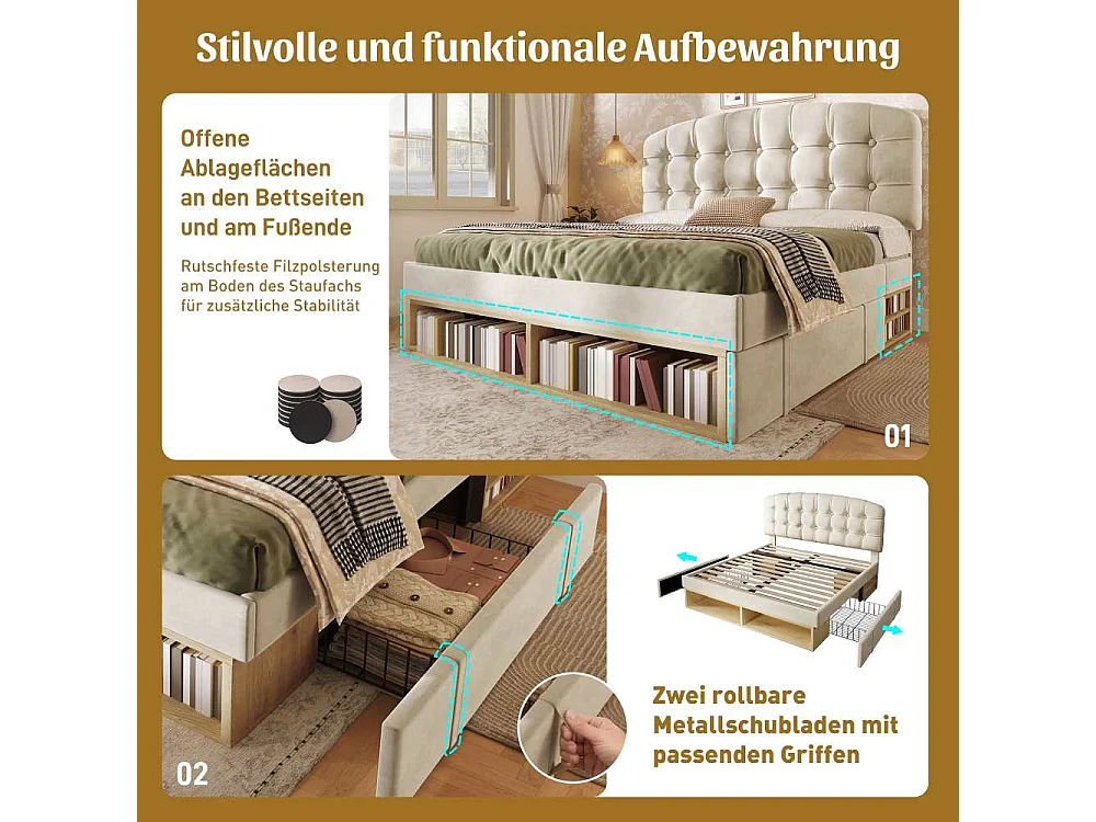 140x190 cm Cama Tapizada en Terciopelo con Cabecero Ajustable, Almacenamiento Integrado, Somier de Lamas y Diseño Elegante