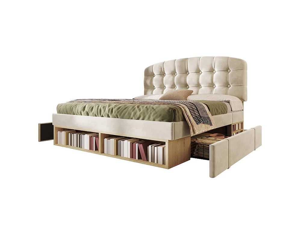 140x190 cm Cama Tapizada en Terciopelo con Cabecero Ajustable, Almacenamiento Integrado, Somier de Lamas y Diseño Elegante