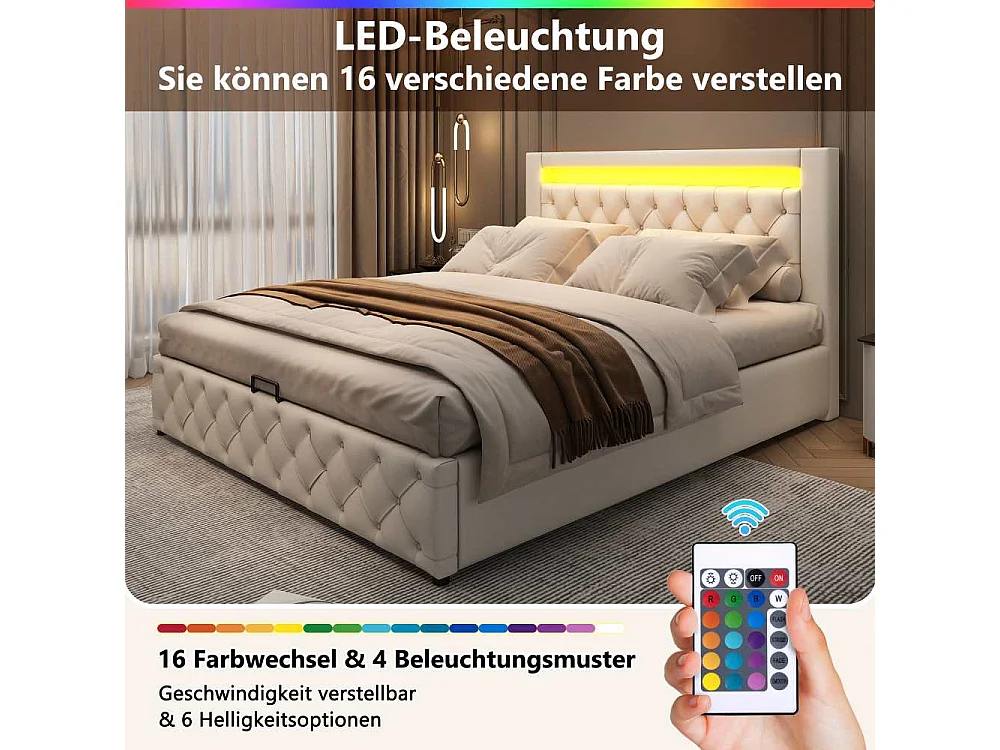 Polsterbett 160x200 cm avec Lattenrost et Grand Rangement, LED Intégrée, Funktionsbett PU Confortable pour Chambre et Invités