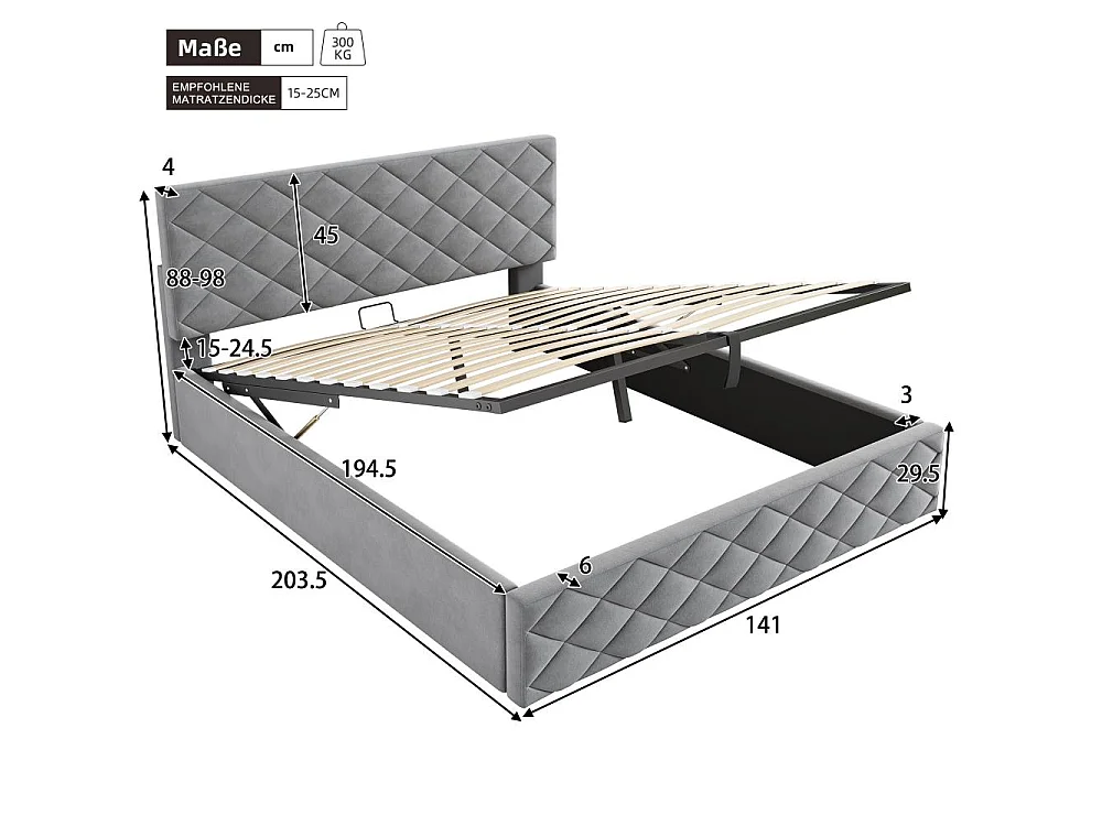 Letto imbottito 140x200 cm grigio in velluto, con sistema idraulico, funzionale con contenitore e rete a doghe, elegante e pratico