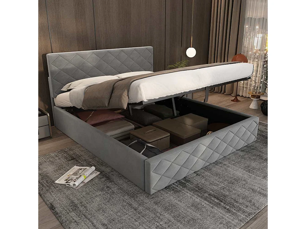 Letto imbottito 140x200 cm grigio in velluto, con sistema idraulico, funzionale con contenitore e rete a doghe, elegante e pratico