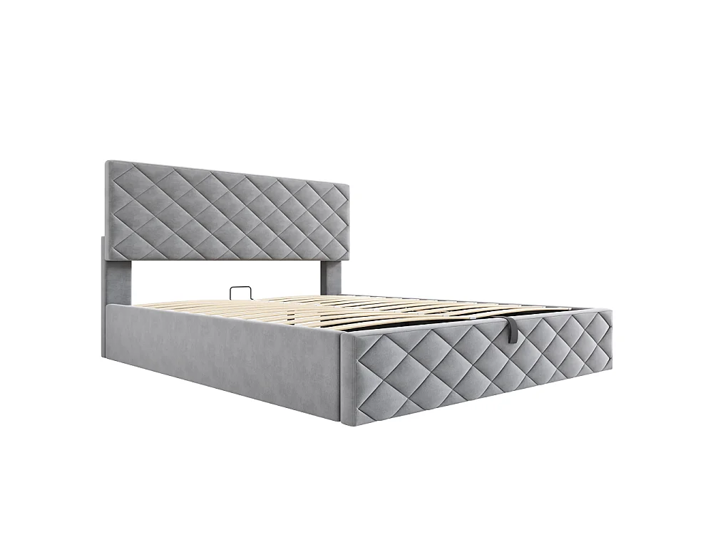Letto imbottito 140x200 cm grigio in velluto, con sistema idraulico, funzionale con contenitore e rete a doghe, elegante e pratico