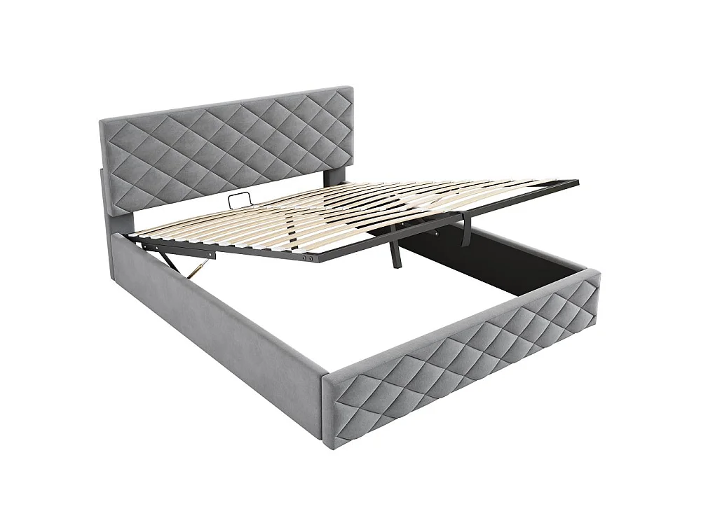 Letto imbottito 140x200 cm grigio in velluto, con sistema idraulico, funzionale con contenitore e rete a doghe, elegante e pratico