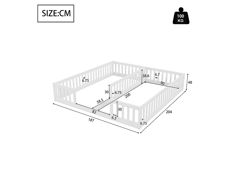 Kinderbed 90 x 200 cm met beugels, grenen en MDF structuur, geschikt voor 2 kinderen, eenvoudige montage