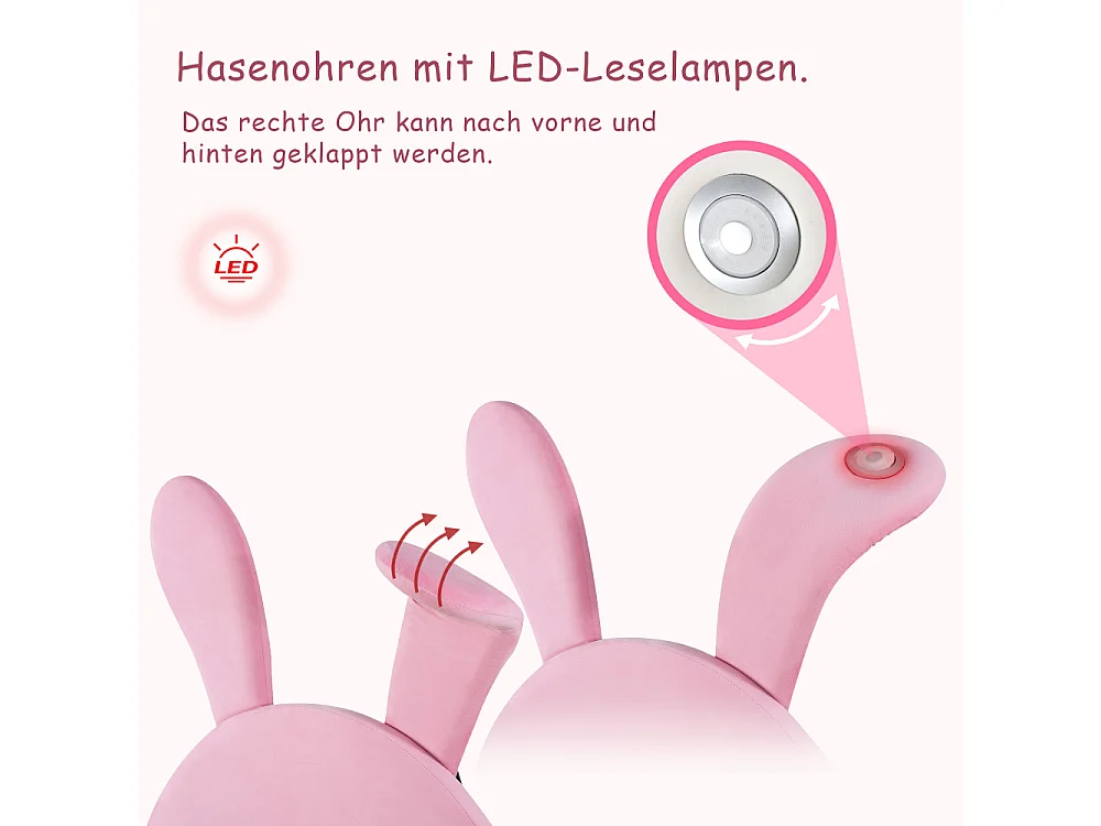 Lit rembourré 90x200 avec rangement, LED, oreilles de lapin pliables – Lit adolescent avec sommier