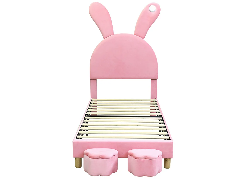 Lit rembourré 90x200 avec rangement, LED, oreilles de lapin pliables – Lit adolescent avec sommier