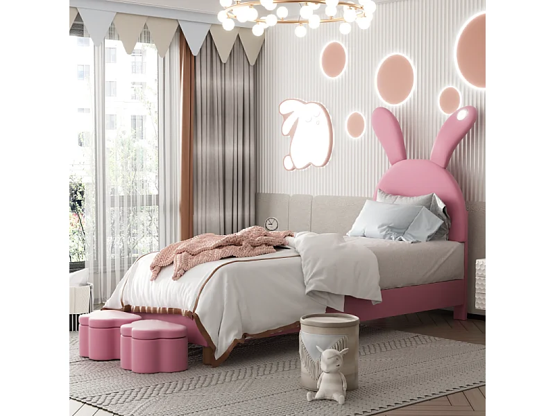 Lit rembourré 90x200 avec rangement, LED, oreilles de lapin pliables – Lit adolescent avec sommier