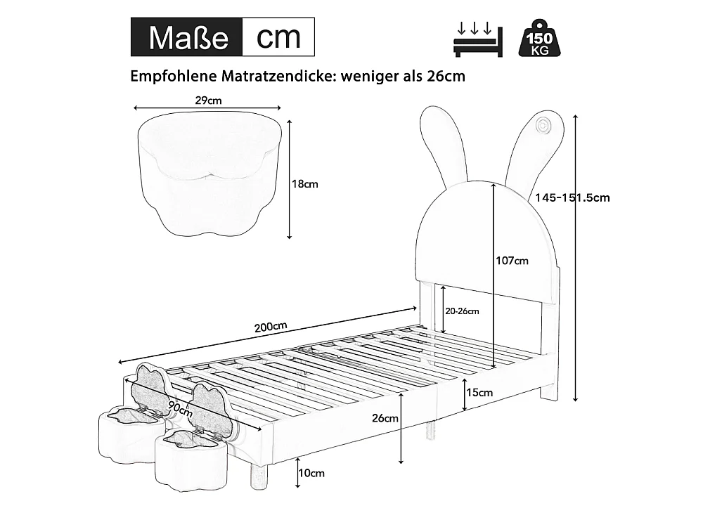 Lit rembourré 90x200 avec rangement, LED, oreilles de lapin pliables – Lit adolescent avec sommier