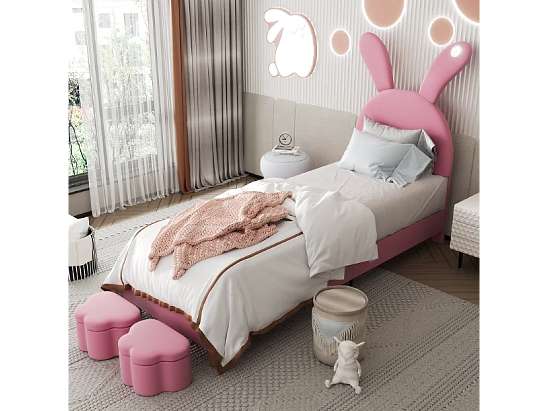 Lit rembourré 90x200 avec rangement, LED, oreilles de lapin pliables – Lit adolescent avec sommier
