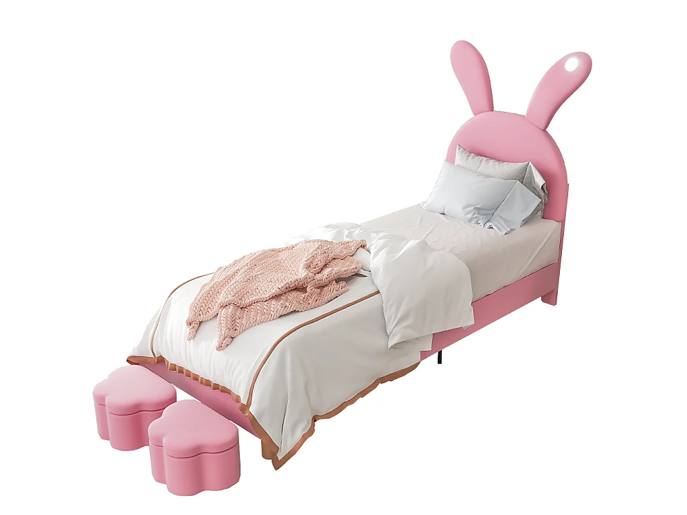 Lit rembourré 90x200 avec rangement, LED, oreilles de lapin pliables – Lit adolescent avec sommier