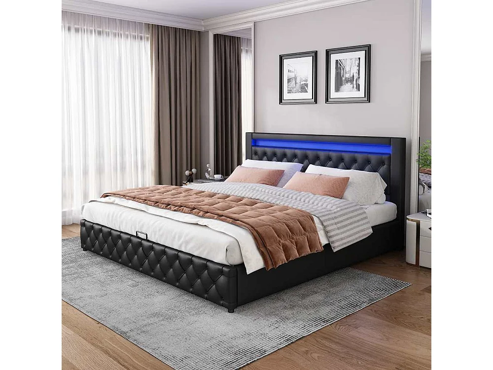 Polsterbett 140x190 cm con Rete a Doghe e Ampio Contenitore, LED Integrata, Funktionsbett PU Confortevole per Camera e Ospiti