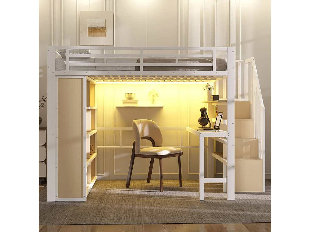 Lit mezzanine 140x200 cm avec bureau intégré, étagères, LED réglable et escaliers avec rangement, structure en métal, sans matelas