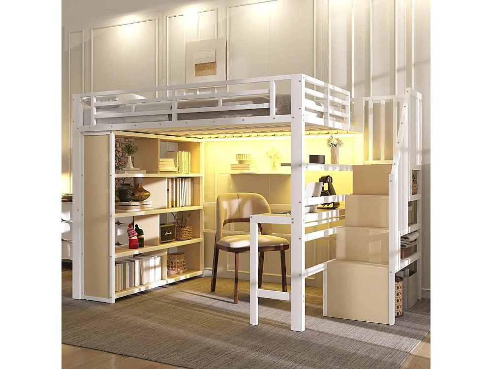 Lit mezzanine 140x200 cm avec bureau intégré, étagères, LED réglable et escaliers avec rangement, structure en métal, sans matelas