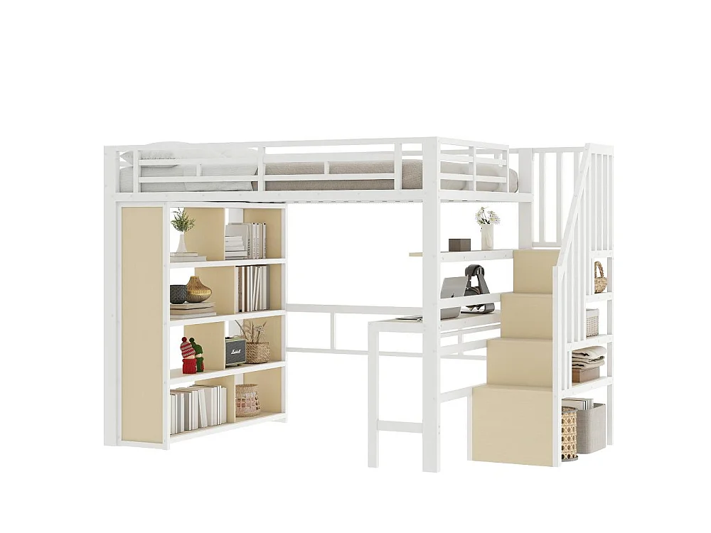 Lit mezzanine 140x200 cm avec bureau intégré, étagères, LED réglable et escaliers avec rangement, structure en métal, sans matelas