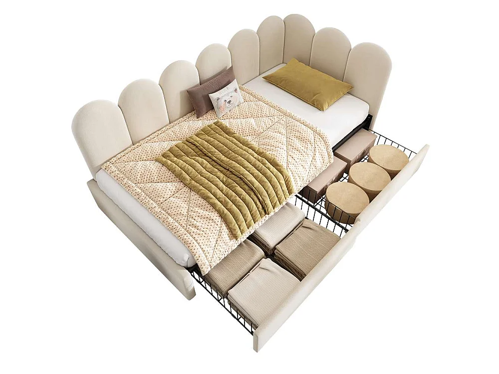 Polsterbett 90x200 cm avec rangement et tiroirs, lit simple en velours, canapé-lit confortable, cadre L modulable pour adultes et enfants