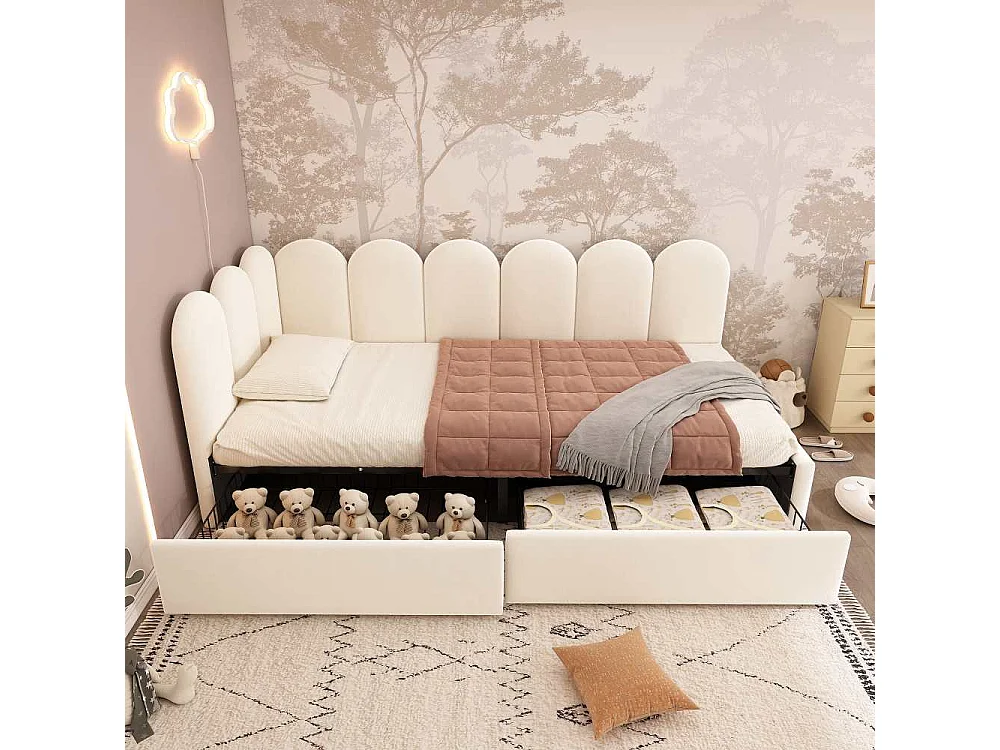 Polsterbett 90x200 cm avec rangement et tiroirs, lit simple en velours, canapé-lit confortable, cadre L modulable pour adultes et enfants