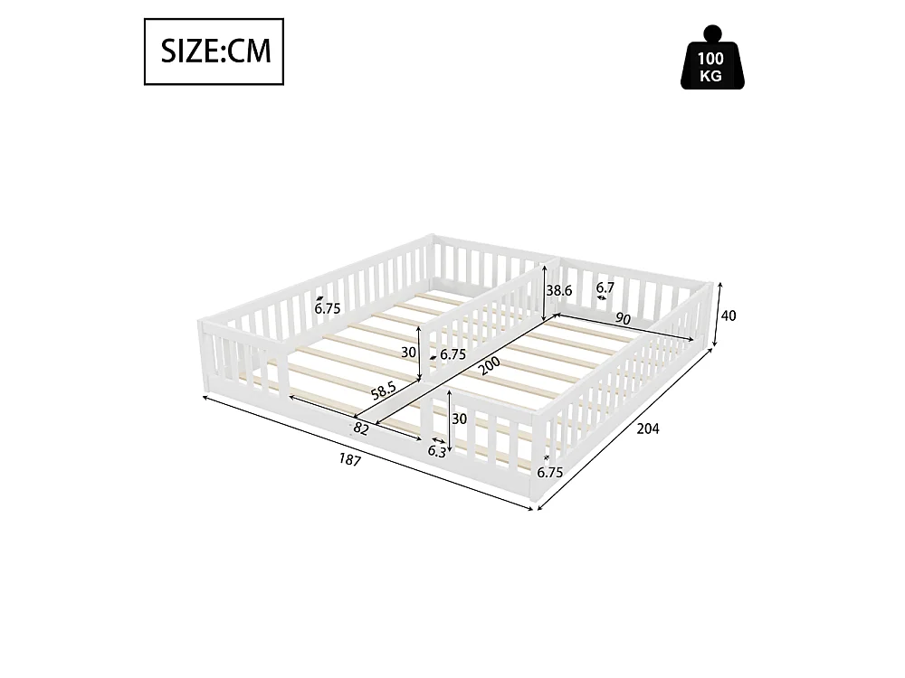 Kinderbed 90x200 cm met beugels en lattenbodem, grenenhout en MDF-paneel, geschikt voor 2 kinderen, eenvoudige montage