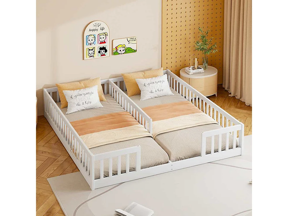 Kinderbed 90x200 cm met beugels en lattenbodem, grenenhout en MDF-paneel, geschikt voor 2 kinderen, eenvoudige montage
