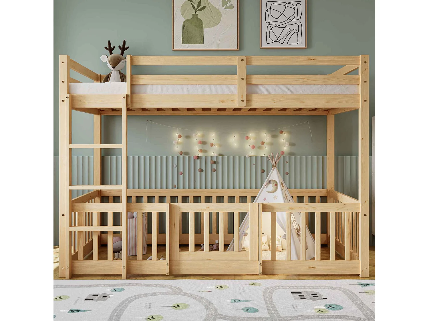 Lit superposé avec escalier droit, lit avec barrières et petite porte, lit bébé avec protection anti-chute et barreaux, bois massif, (200 x 90 cm)