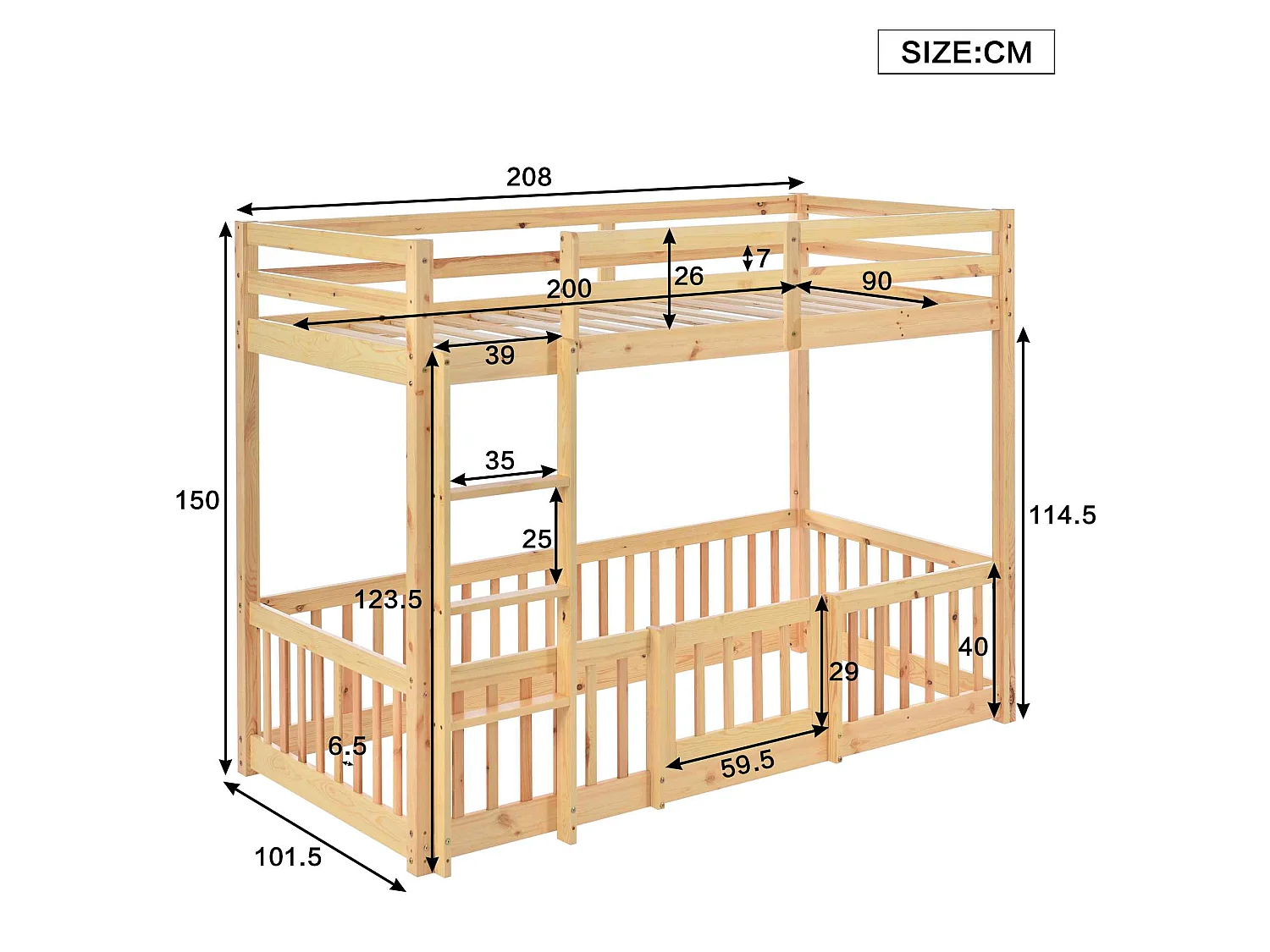 Lit superposé avec escalier droit, lit avec barrières et petite porte, lit bébé avec protection anti-chute et barreaux, bois massif, (200 x 90 cm)